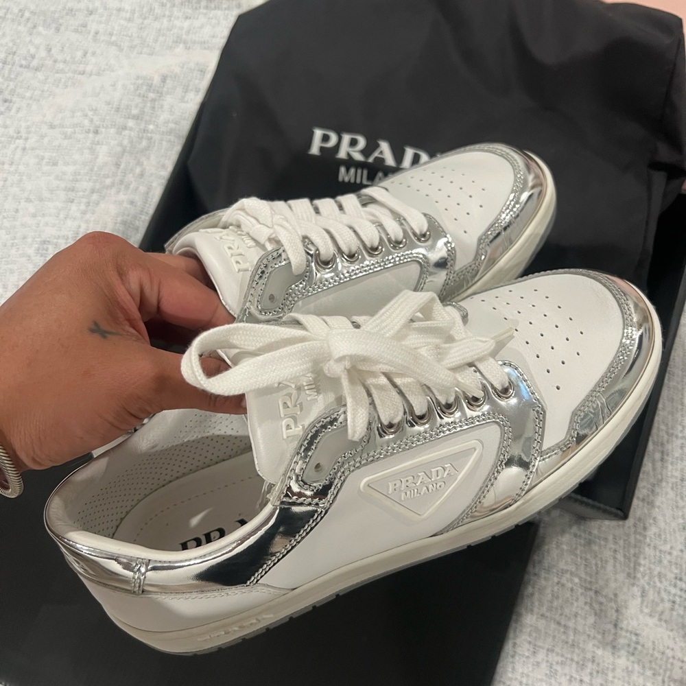 Prada chrome and white sneakers